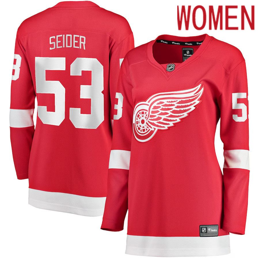 Women Detroit Red Wings 53 Moritz Seider Fanatics Branded Red Home Breakaway Player NHL Jersey